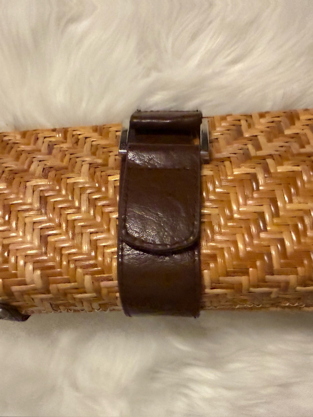 Woven Rattan Roll Pouch with Brown Leather Strap